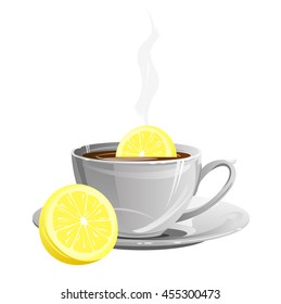 Cup of coffee with lemon on saucer. Vector illustration.