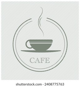 Cup of coffee, lettering CAFE. Logo on diagonal light green lines background