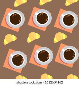 Cup with coffee for lifestyle design. Background design. Brown wooden background. Herbal tea. Black tea with croissant.  pattern for gift paper.
