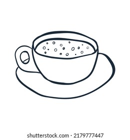 Una taza de arte de la línea de café. Ilustración vectorial con doodles sobre el tema del acogedor otoño. Un elemento lindo para tarjetas de felicitación, afiches, pegatinas y diseño estacional. 