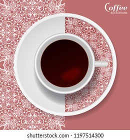 Cup of coffee with line lacy ornament on a saucer and vertical seamless floral geometric pattern. Business coffee break concept, interior design background. Isolated coffee cup and plate decor element