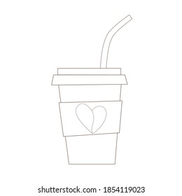 Cup of coffee linear icon. Vector outline illustration of plastic or paper cup of coffee with coffee beans in heart on it and with drinking straw isolated on a white background.