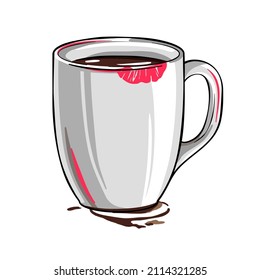 Cup of coffee with a lipstick imprint on it, vector drawing