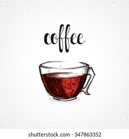 Cup coffee with coffee liquid hand-drawn. Vector illustration