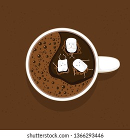 Cup of coffee with little happy marshmallows, illustration.