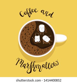 Cup of coffee with little happy marshmallows. Black lettering Coffee and Marshmallow on yellow background, illustration.