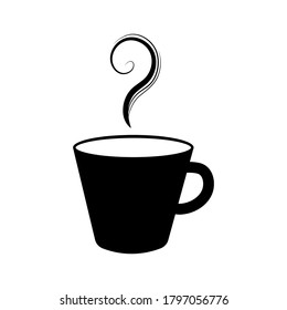 Cup with coffee, logo in black colour isolated on white background. Decorated with swirl steam, elegant and simple design element, object.