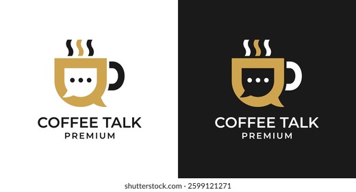 Cup Coffee Logo with Chat Talk Icon Design Illustration. Coffee Chat Talk Bubble Cup Cafe Logo Vector Icon Illustration. Drink Coffee Talk Chat Logo.