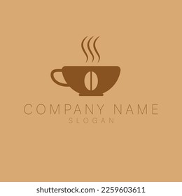 Cup of coffee logo design template. Mug with coffee bean logotype. Luxury cafe flat logo template.