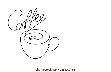Cup of coffee and coffee logo. Word, text. Hot. Aroma of coffee. Continuous line drawing. Sketch.