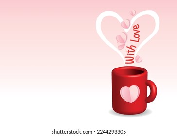 Cup of coffee with love for you. Happy Valentine's Day romantic concept. Greeting card with red cup and paper heart. Vector illustration