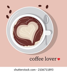 Cup of coffee for coffee lovers. Cup of cappuccino with coffee beans. Romantic illustration for coffee lovers. 