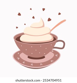 A cup of coffee with lush foam on a saucer in pastel colors on a white background, vector.Cups are decorated with hearts,points,spoon, lush foam