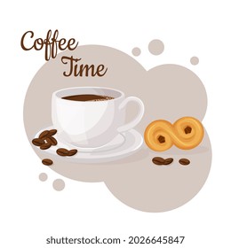 Cup of coffee and lussekatt. Coffee time concept. Isolated hand drawn vector illustration of cute breakfast food. 