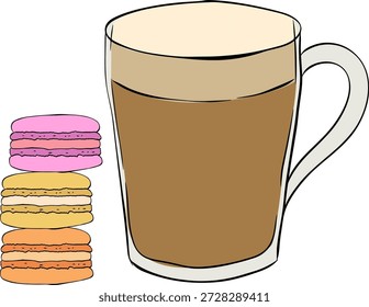 taza de café con el icono de macaron signo de macarrones de Vector Ilustración dibujada a mano de composición de café. Vector gráfico línea tinta arte coloreado. Diseño para paquete, cosmético, textil, tarjetas.
