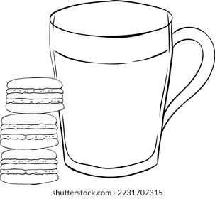 taza de café con el icono de macaron signo de macarrones de Vector Ilustración dibujada a mano de composición de café. Vector línea gráfica tinta arte blanco negro. diseño para paquete, cosmético, textil, tarjetas.

