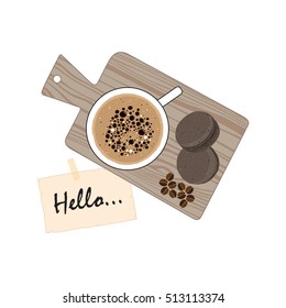 Cup of coffee with macaron on on wood background vector