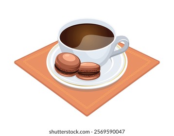 Cup of coffee and macarons with chocolate filling vector illustration. Coffee mug and brown french macaroons icon on a white background. Chocolate macarons and coffee cup on tablecloth drawing