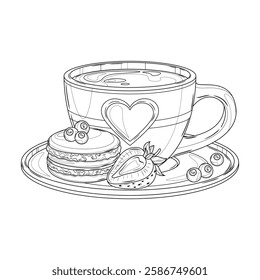 A cup of coffee and a macaroon with berries.Coloring book antistress for children and adults. Illustration isolated on white background.Zen-tangle style. Hand draw