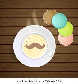 Cup of coffee and macaroon. Vector illustration.  Greeting card with macaroons. French style. Menu for cafe.