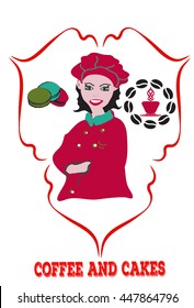 Cup of coffee and macaroons label with chef cook