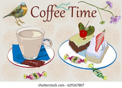 A cup of coffee macchiato and cakes with cherry, strawberry and kiwi fruit. Candies and sugar. Small bird european robin and flowers. Vector 10.