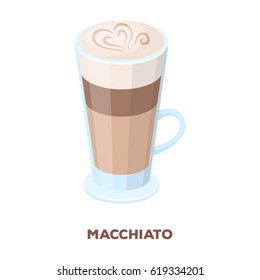 Cup of coffee macchiato with foam. Different types of coffee single icon in cartoon style vector symbol stock illustration web.