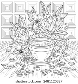 Cup of coffee and magnolia.Coloring book antistress for children and adults. Illustration isolated on white background. Hand draw