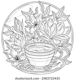 Taza de café y magnolia.Libro para colorear antistress para niños y adultos. Ilustración aislada sobre fondo blanco.