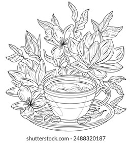 Una taza de café y magnolia.Libro para colorear antistress para niños y adultos. Ilustración aislada sobre fondo blanco.