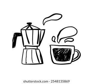 Taza con café y cafetera dibujada a mano en estilo doodle. Comida, cocina, menú. Ilustración vectorial para el diseño.