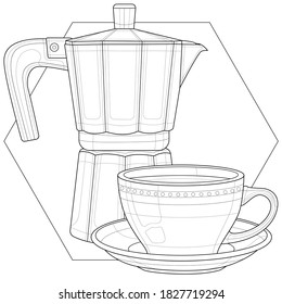 Cup of coffee and coffee maker.Coloring book anti-stress for children and adults. Illustration isolated on white background. Black and white drawing. Zentangle style.