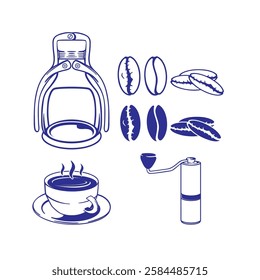 a cup of coffee and coffee making tools along with coffee beans in the form of a simple vector image