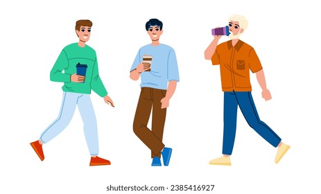 Tasse Kaffee Mann, um Vektorgrafik zu gehen. Lifestyle-Papier, Tee-Drink, Business-Arbeit-Tasse Kaffee Mann zu gehen Charakter. Menschen mit flacher Zeichentrickdarstellung
