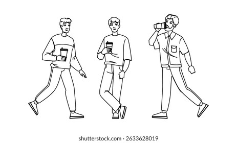 cup coffee man to go vector. lifestyle paper, tea drink, business work cup coffee man to go character. people black line pencil drawing illustration
