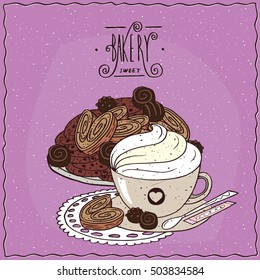 Cup of coffee with many different chocolate cookies and biscuits of puff pastry, lie on lacy napkin. Ornate lettering bakery. Handmade cartoon style. Vector illustration