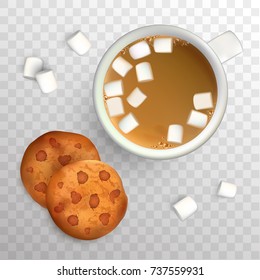 Cup of coffee with marshmallow and cookies with chocolate. Top view. Cup of coffee and cookies for breakfast, isolated vector illustration