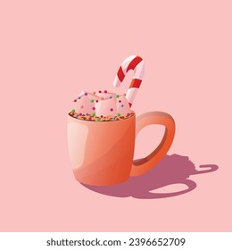 Cup of coffee with marshmallow on a rose background, isolated