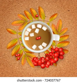 Cup of coffee with marshmallow with realistic 3d mesh rowan branches with ashberry on a crafting paper. Vector illustration