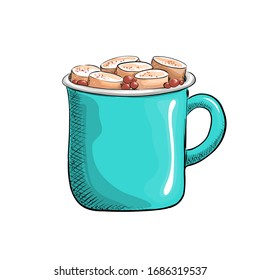Cup with coffee and marshmallows, delicious hot drink drawn in cartoon flat style. Vector for design t-shirts typography cards and posters.