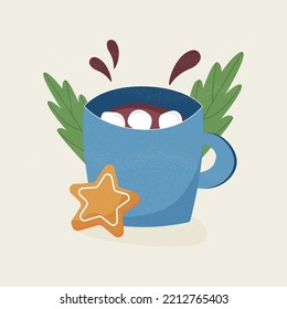 Cup of coffee with marshmallows and gingerbread. Vector illustration.