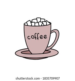 A Cup of coffee with marshmallows. An invigorating drink.Vector illustration on a white isolated background. Doodle style.