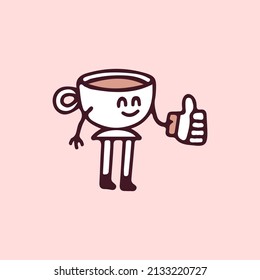 Cup of coffee mascot character holding like button, illustration for t-shirt, street wear, sticker, or apparel merchandise. With doodle, retro, and cartoon style.