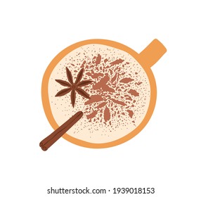 Cup of coffee with milk foam, winter spices, star anise, cinnamon stick and powder. Top view of spicy cappuccino mug. Colored flat vector illustration isolated on white background