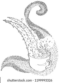 Cup of coffee with milk. Vector illustration of flowing coffee and cream with splashes, circles, coffee beans and abstract curves