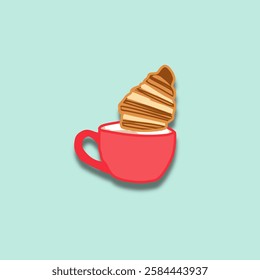 Cup of coffee with a mixture of milk and croissant on top Vector Illustration, Cartoon Clipart, and Line Art Design
