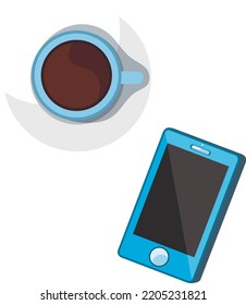 Cup of coffee and mobile on the table. Morning coffee. 