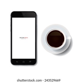 Cup of coffee and mobile phone with blank screen area for copy space. Vector illustration.
