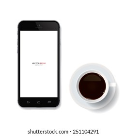 Cup of coffee and mobile phone with blank screen area for copy space. Vector illustration.