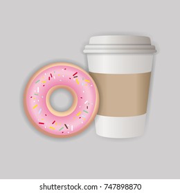 Cup Of Coffee Mockup And Strawberry Donut With Sprinkles